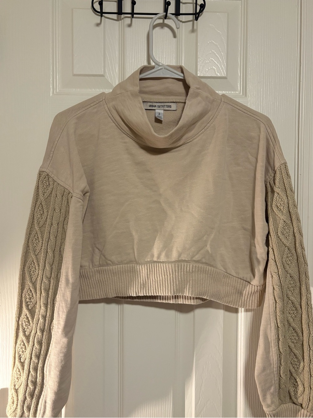 Urban Outfitters Cream Cropped Cable-Sleeve Turtleneck